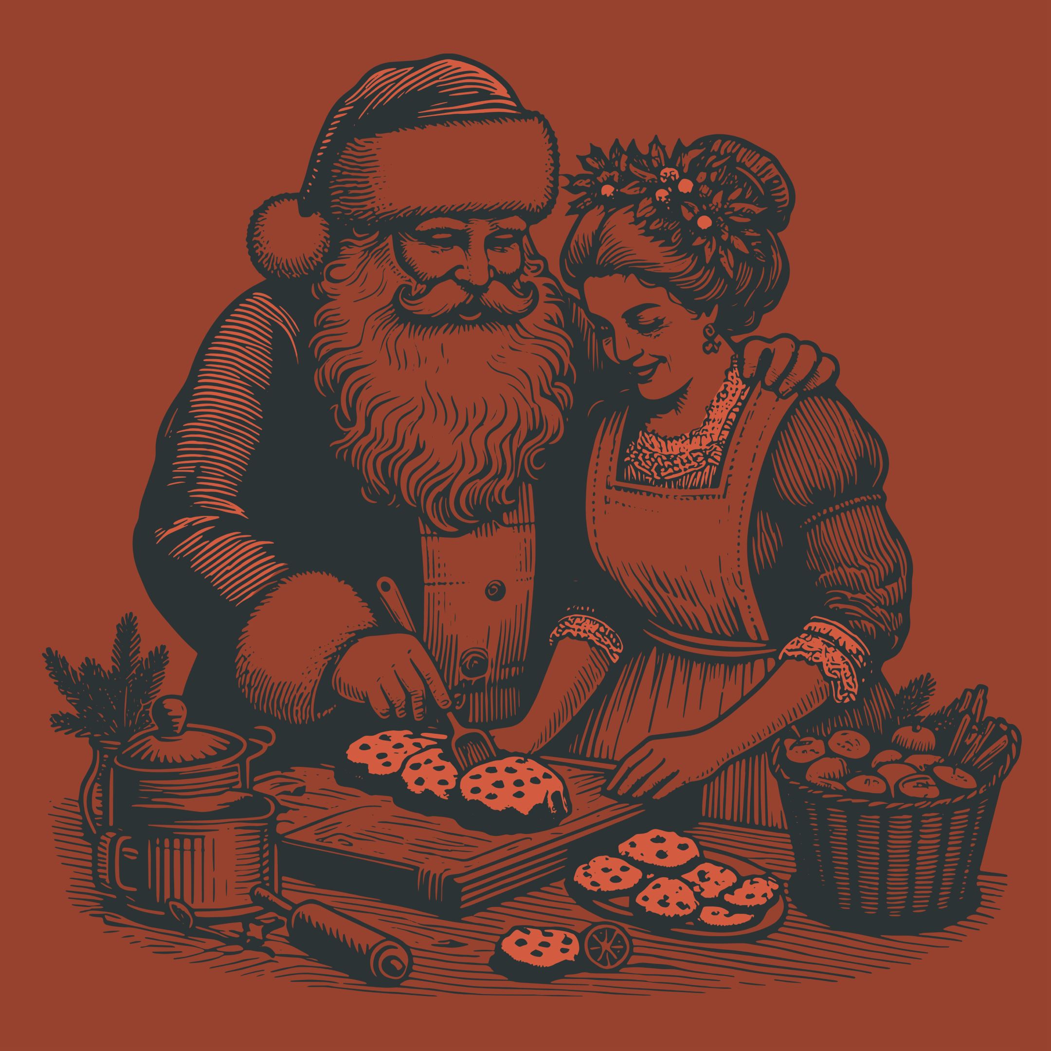 Santa and Mrs. Claus making cookies