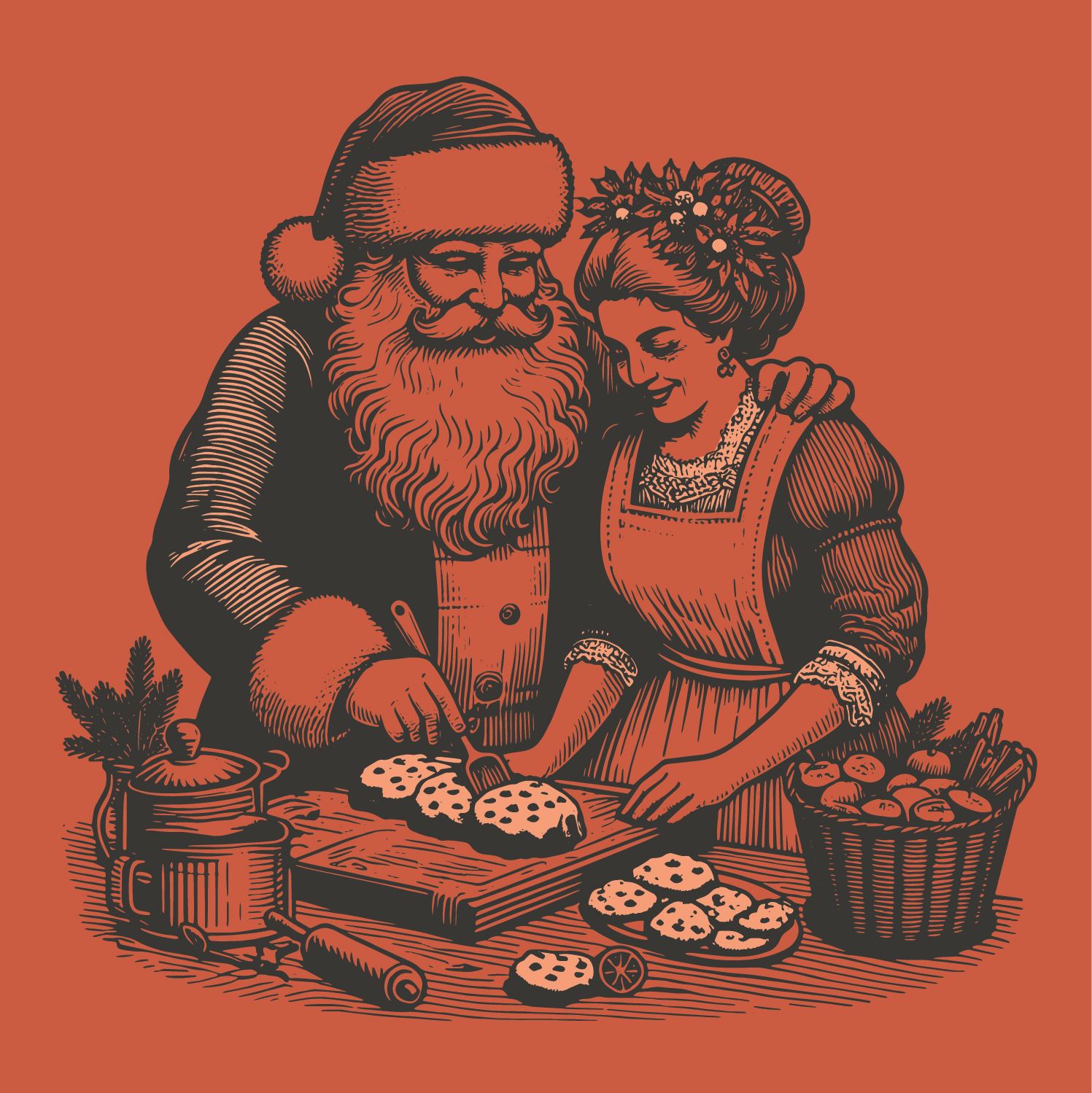 Santa and Mrs. Claus making cookies